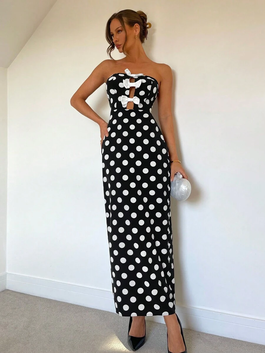 Chiquease 女式黑白波点吊带蝴蝶结镂空开衩连衣裙，春夏 - 黑色 - 查看 1