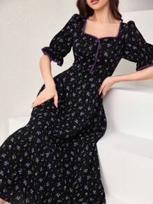 Mulvari Vestido casual corto con cuello de corazón, con botones delanteros y ribete de color contrastante para mujer