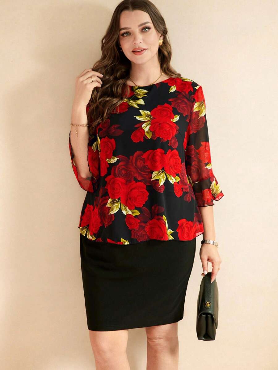 SHEIN Clasi طقم تنورة ولباس علوي شيفون مطبوعة بورود، أنيق للمقاسات الكبيرة، ربيعي/صيفي رومانسي - متعدد الألوان - مشاهدة 1