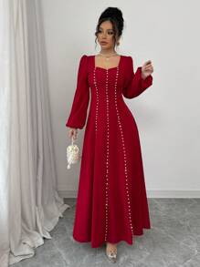 Modelyn 女士优雅珍珠缀饰方领纹理编织连衣裙，春夏