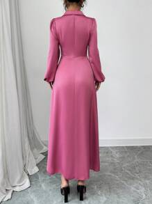 Modelyn Vestido largo casual de mujer de unicolor, de manga larga, cuello plano simple y plisado - Rosa - Ver 2