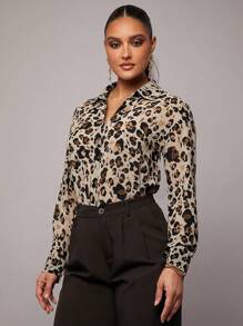 Silquee 女士性感通勤办公室优雅透明雪纺长袖领扣豹纹动物印花长袖衬衫，适合日常、夜间外出、派对、舞会、工作、女孩聚会、春季穿着、四季半透明雪纺衬衫 - 巧克力棕 - 查看 1