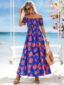 SHEIN VCAY Sukienka z nadrukiem z odkrytymi ramionami i krótkim rękawem dla kobiet, letnia odzież, walentynki, stroje wakacyjne dla kobiet, stroje plażowe dla kobiet, festiwale, romantyczne, boho, boho, słodkie, stroje rave na festiwal, tropikalne ubrania wakacyjne dla kobiet, karnawał, stroje wakacyjne dla kobiet