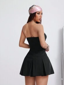 SHEIN EZwear Women's Spring/Summer Vintage Basic Strapless Solid Color Pleated Simple Black Dress For Festival - Black - View 2