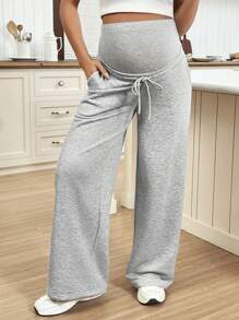 SHEIN 孕妇可调节腰部系带前口袋简约长裤，休闲日常穿着 - 淺灰色 - 查看 5
