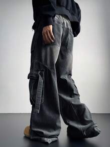 Manfinity EMRG Men's Light Blue Denim Cargo Wide Leg Pants - Black - View 2