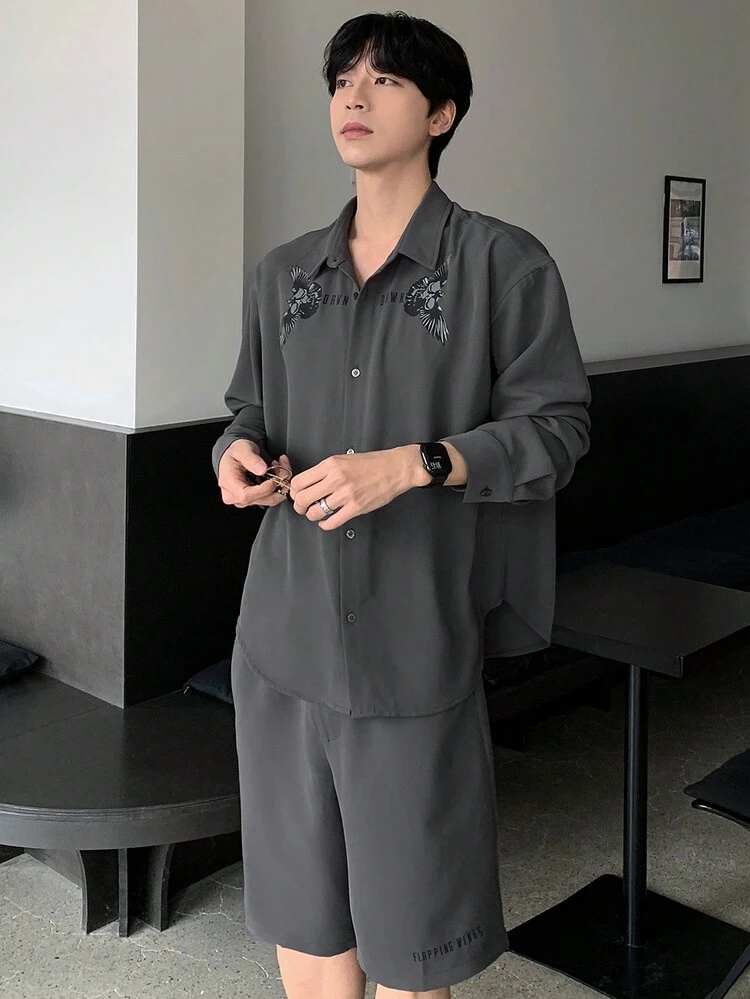 Grey Casual Letter Printed Men's Shirt Set, Autumn