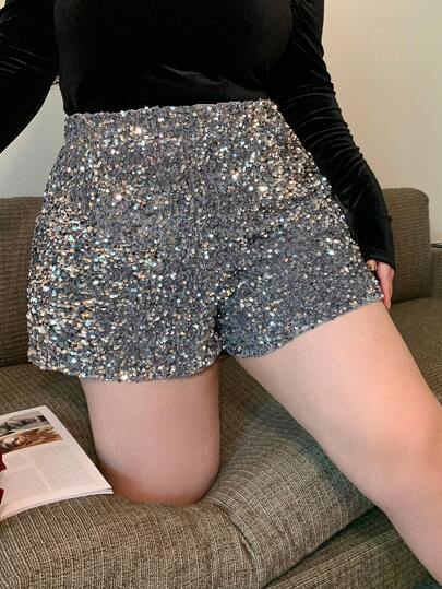 Dazy Plus Valentine Christmas Plus Size Elastic Waist Straight Sequin Shorts For All Seasons Fall,New Year Carnival