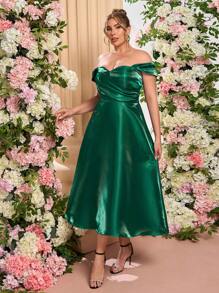 SHEIN Belle Plus Size Elegant & Luxurious Sequin Off Shoulder Mid-Calf A-Line Puffy Party Dress, Wedding Guest Dress, Prom Dress