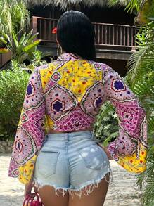 SHEIN SXY Women's Front Tie Long Sleeve Printed Casual Short Blouse,Spring Break,Boho,Old Money,Cover Ups,Beach,Boho,Summer,Vacation,Sexy - Multicolor - View 2