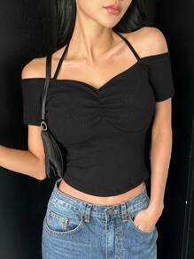 DAZY 女士纯色露肩吊带短袖修身休闲上衣，露脐短款露肩上衣