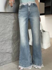 DAZY Women's Lace Patchwork Flared Jeans - Medium Wash - View 6