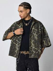ROMWE MEN Grunge Punk Men's Grunge Leopard Camo Print Single-Breasted Pocket Denim Shirt