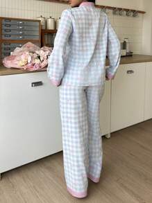 Sweet Bowknot & Plaid Pattern Women Pajama Set - Multicolor - View 2