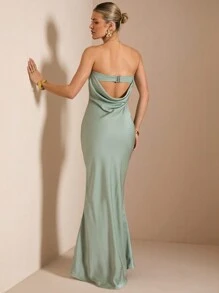 SHEIN BAE 女士优雅露背露肩缎面鱼尾下摆连衣裙，适合鸡尾酒会、浪漫约会、婚礼嘉宾、伴娘、春夏季情人节，粉色连衣裙 - 粉色 - 查看 4