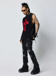 ROMWE MEN Grunge Punk 男士简约口袋毛边牛仔裤，休闲日常穿着 - 黑色 - 查看 8