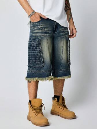 Street Life Pantaloncini di jeans casual con orlo grezzo e tasche, modello comodo, da uomo