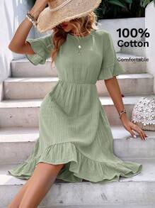 EMERY ROSE Solid Flounce Sleeve Ruffle Hem Dress Without Belt,Sage Green Dress,Pastel Dresses For Women
