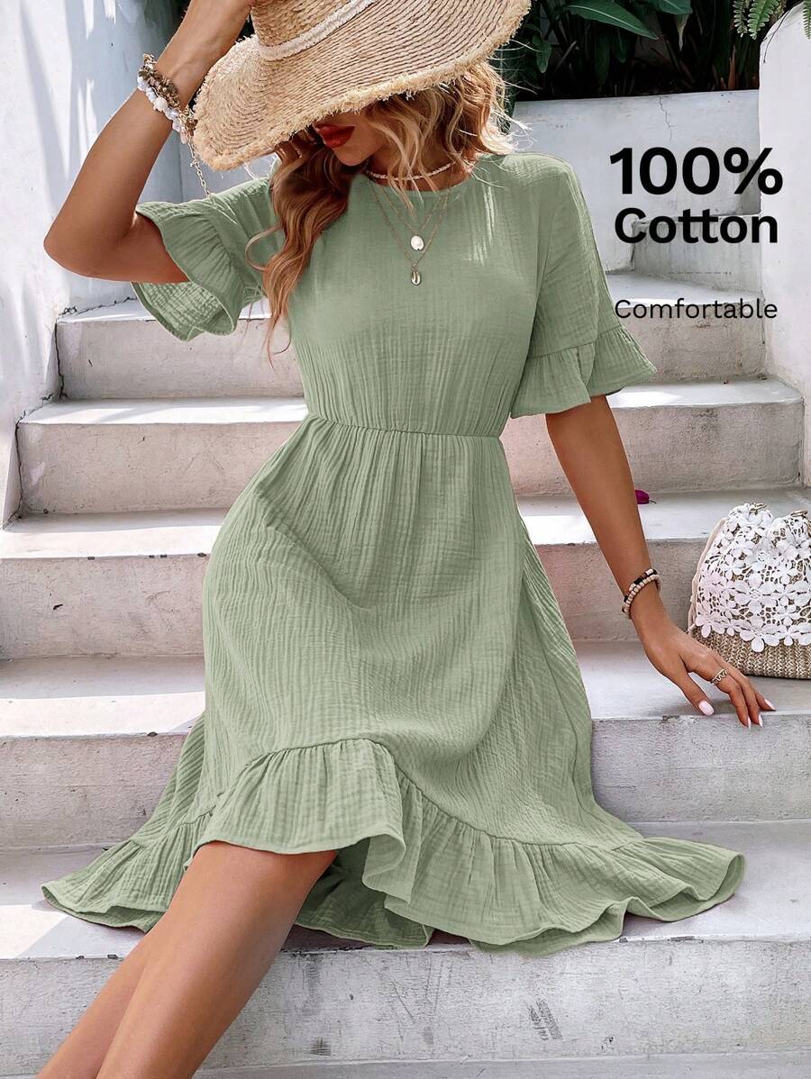 EMERY ROSE Solid Flounce Sleeve Ruffle Hem Dress Without Belt,Sage Green Dress,Pastel Dresses For Women