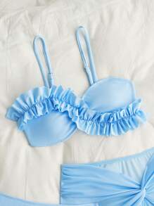 SHEIN Tween Girls Bikini - Fashionable & Elegant Blue Swimsuit Set. Features Soft Knitted Fabric, Fully Lined Bikini Top With Lace Trim, And A Matching Wrap Skirt. A Stylish, Casual, And Exquisitely Detailed Three-Piece Design. Perfect For Swimming, Summer Vacations, Beach Trips, Pool Parties, And Holiday Getaways. - Baby Blue - View 4