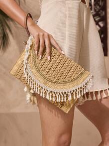 SHEIN VCAY Paper Woven Party Clutch Purse, Women's Fashion Minimalist Solid Color Wallet, Suitable For Summer Vacation And Travel, Straw Wallet, Straw Beach Bag, Beach Essentials, Summer Necessities, Best For Beach Vibe, Decorated With Pearl Tassel