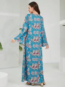 Lacomfia Vintage Floral Print Loose Crew Neck Side Split Gold Embroidery Long Sleeve Dress