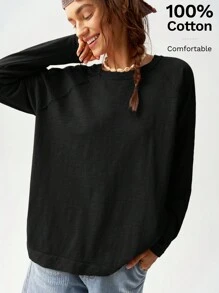 Bohemela Vacation Solid Color Knit Crew Neck Raglan Long Sleeve Loose Fit Maxi Tee For Women - Black - View 9