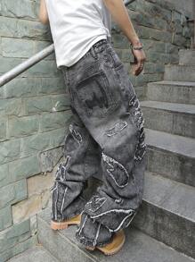 Manfinity Roghcode Men's Casual Pocket Frayed Hem Simple Denim Jeans - Dark Grey - View 8