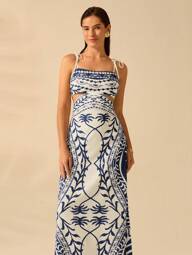 CAJUNI Vestido Boêmio Feminino Estampa de Árvore de Coco Verde, Vestido Sem Manga com Amarração Oca na Cintura e Costas, Vestido Casual de Verão para Férias