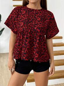 Muchica Red-Black Leopard Print Woven Blouse For Women - Red - View 5