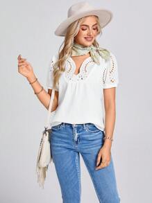 SHEIN LUNE 度假宽松刺绣镂空泡泡袖女士衬衫 - 白色 - 查看 3