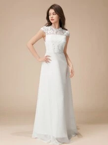 Đầm dài tay ngắn bằng satin bóng, phối ren, dành cho bé gái tuổi teen, thanh lịch và cao cấp, thích hợp làm phù dâu, dự đám cưới, tiệc sinh nhật hoặc biểu diễn. - trắng - Xem 4