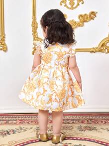 SHEIN Sukienka dla dziewczynki na lato z krótkim rękawem i falbaniastym kołnierzykiem w kwiatowy wzór - Biały - Zobacz 2