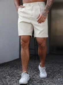 Manfinity Homme 男士纯色前扣口袋休闲短裤（夏季款） - 杏色 - 查看 3