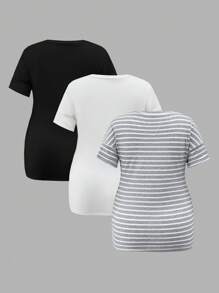 SHEIN Top ajustado de manga corta con escote en V para maternidad, uso casual diario - Blanco y Negro - Ver 2