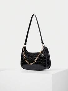 Fashionable Crocodile Grain Chain Shoulder Underarm Bag Winter Gifts - Black - View 2