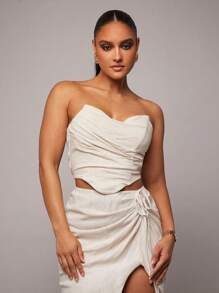 Silquee Summer Apricot Linen Asymmetric Hem Detail Tube Top, Romantic Valentine's Day And Date Top, Asymmetric Hem Tube Top, Romantic Date Top, Sexy Holiday Top, Old Money, Festival, Summer Classic - Beige - View 5