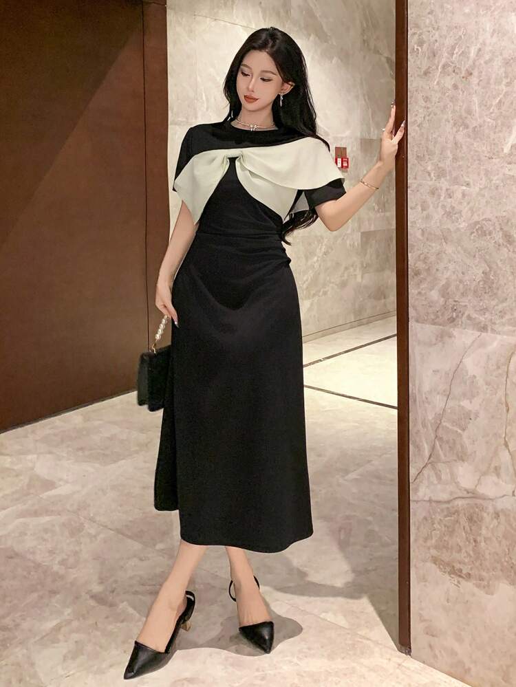 Women's Round Neck Contrast Color Short Sleeve Dress Prom Dress Elegant Women Dresses