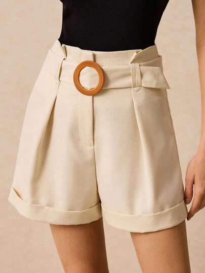 Poéselle Women's Solid Color Pleated Wide Leg Casual Shorts, Round Button High Waist Shorts, Linen Pants, Bud Shorts, Rolled Wide Leg Pants, Elegant, Loose Pants, Spring Women's Clothing, Bohemian Style