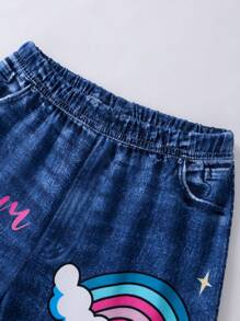 2pcs/Set Young Girl Cute Rainbow Bow Letter Print Knit Jeggings Leggings - Multicolor - View 3