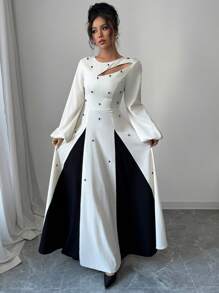 Modelyn 女士优雅双色拼接泡泡珠镂空腰部 A 字形连衣裙长款女装 - 杏色 - 查看 4