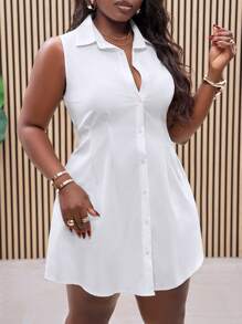 Slaydiva Plus Size Women White Sleeveless Waist Gathered Shirt Style Short Mini Dress, Elegant Commuter Casual Wear, Spring/Summer,Graduation Dress