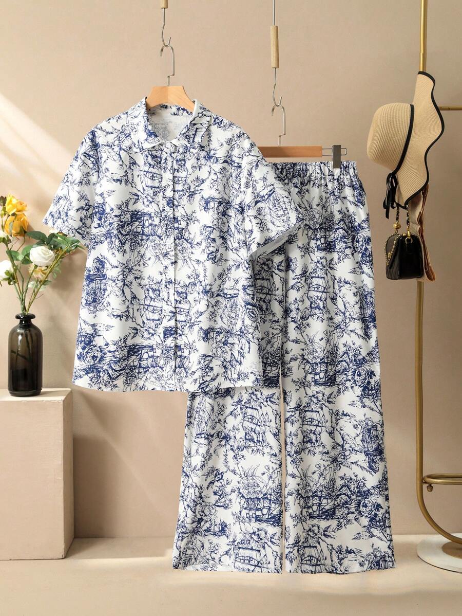 Lacomfia Plus Size Short Sleeve & Long Pants Printed 2 Pieces Set - Multicolor - View 1