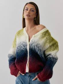 MUSERA 渐变针织纽扣V领开衫 Y2K 春季休闲可爱 90年代阳光机场假日宽松节日返校冬季日常时尚毛衣 - 彩色 - 查看 1