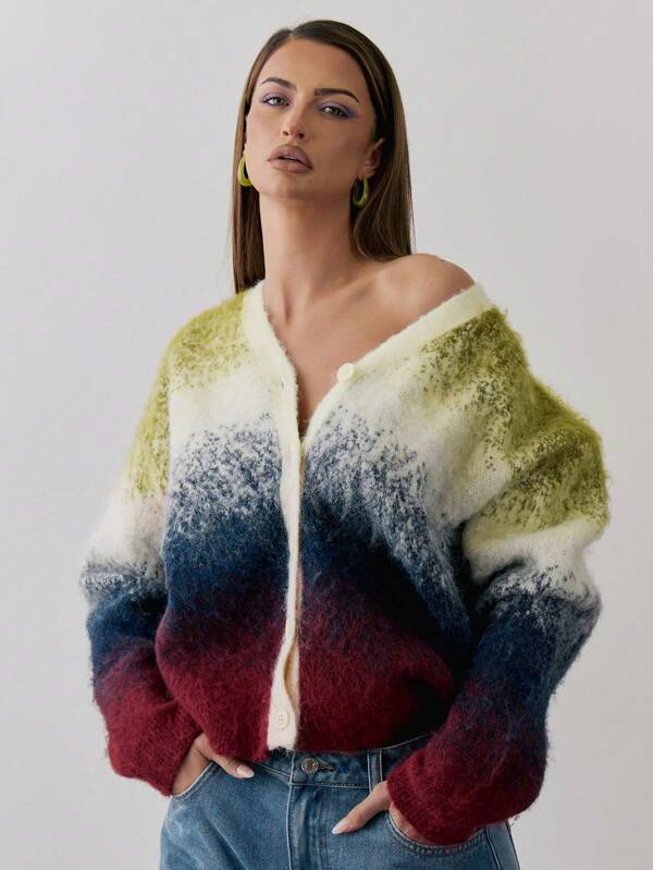 MUSERA Gradient Knit Button Up V-Neck Cardigan Y2k Spring Casual Cute 90's Sun Airport Holiday Oversized Festival Fall Back To School