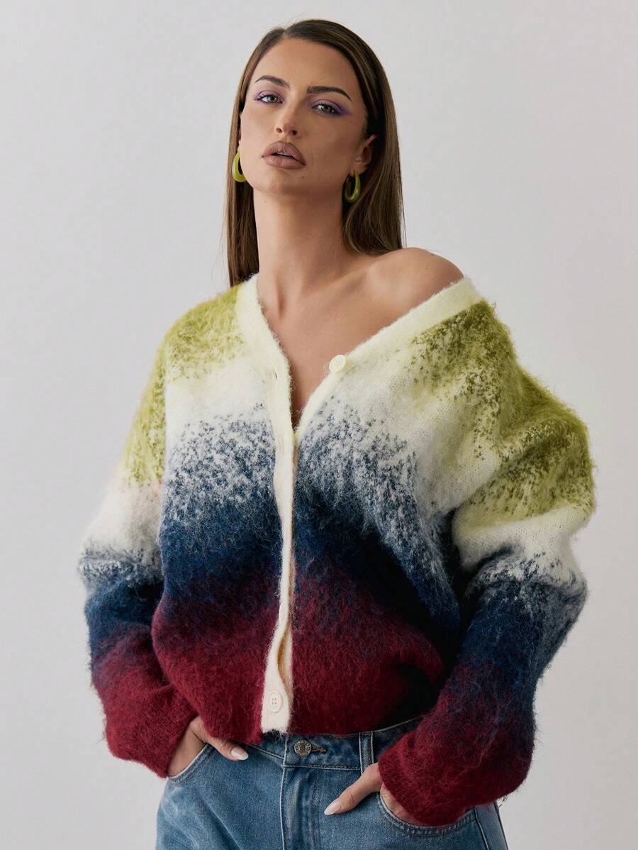 MUSERA 渐变针织纽扣V领开衫 Y2K 春季休闲可爱 90年代阳光机场假日宽松节日返校冬季日常时尚毛衣 - 彩色 - 查看 1