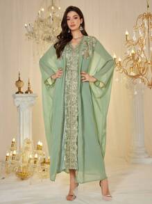 Layrah Custom Sequin Embroidered Splice Loose Luxury 2 Pieces Dress Set For Women, Modest Kaftan - Green - View 4