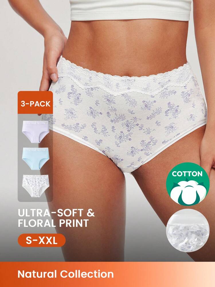 3-Pack Cotton Lace Trim Mid-Waist Briefs