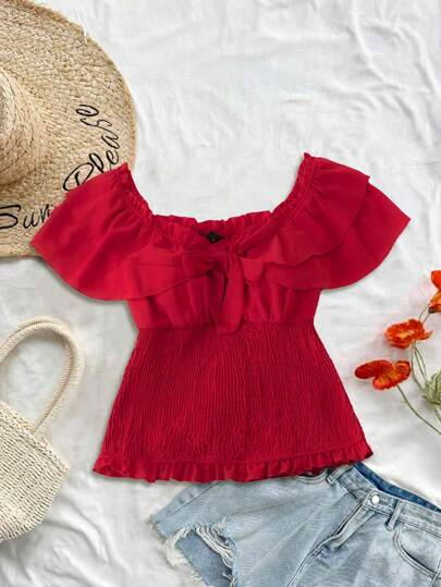 Breezaya Vacation Solid Color Ruffle Off Shoulder Gathered Waist Summer Blouse For Women