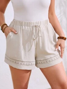 SHEIN LUNE Women's Casual Woven Solid Elastic Waist Bowknot Floral Trim Pocket Loose Plus Size Shorts, Summer - Apricot - View 7